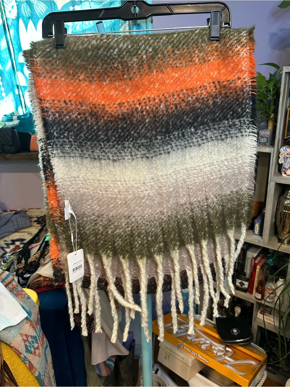 Striped Fringe Wrap Scarf in Olive, Orange & Cream